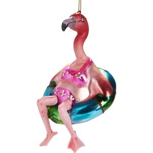 BRUBAKER Grappige Flamingo met Bikini en Zwemring - Handbeschilderde Kerstbal van Glas - Handgeblazen Kerstboomversieringen Figuren Grappige Decoratie Hangers Boombal - 8,5 cm