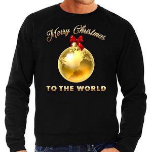 Foute Kersttrui / sweater - Merry Christmas to the world - gouden wereldbol - zwart - heren - kerstkleding / kerst outfit XXL
