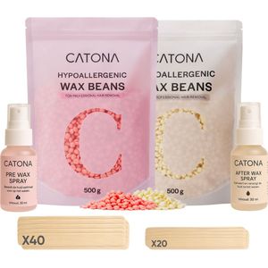 CATONA® Wax Bonen - Wax - Wax Beans - Hypoallergeen - Wax Parels - 1KG - Inclusief 60 Spatels + Pre & Afterspray en Neuswax