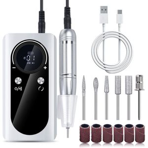 Elektrische Nagelvijl - Draadloze Nagelfrees - 45000 Rpm Wireless Nagelfrees - Oplaadbaar - Met Weergave - Manicure En Pedicure Set - Eeltverwijderaar - 2000 Mah Accu - 6 Bitjes En 6 Schuurrolletjes - Nail Drill - Nagels - Professioneel - Wit