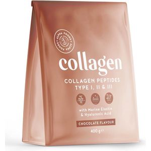Alpha Foods Collageen poeder met Hyaluronzuur & Elastine - Collagen peptides type 1, 2 en 3 van weidebouw, Collagen drink zonder toevoegingen, Collageen supplement van 400 gram voor 26 shakes of porties, met Chocolade smaak