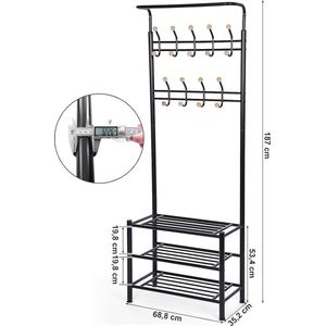 kapstok Kapstok met 3 schoenenrekken met 18 haken, metaal, 68,8 x 35,2 x 187 cm, zwart HSR04B