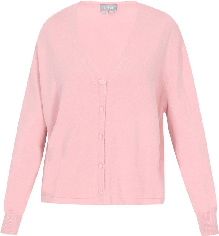 Usha - Gebreid Vest - Rosa - V-hals - Lange Mouw - Losse Pasvorm