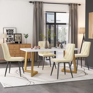 Sweiko Eettafel set (117 x 68cm eettafel, 4 stoelen), rechthoekige eettafel, moderne keuken eettafel set, eettafel en stoelen, beige twill fluweel keukenstoelen, gouden tafelpoten