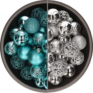 74x stuks kunststof kerstballen mix van turquoise blauw en zilver 6 cm - Kerstversiering