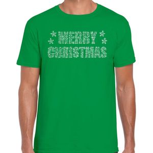 Glitter kerst t-shirt groen Merry Christmas glitter steentjes/ rhinestones voor heren - Glitter kerst shirt/ outfit XL