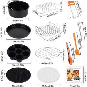 airfryeraccessoires, 12 stuks accessoires voor een airfryer met 20 cm taartvorm, pizzabakplaat, toastrek, voor bakken, koken, barbecueën en frietjes bereiden, taartvorm voor 3,6 l en meer, voor Phillips, Princess of Tristar, met kookboek (mogelijk ni