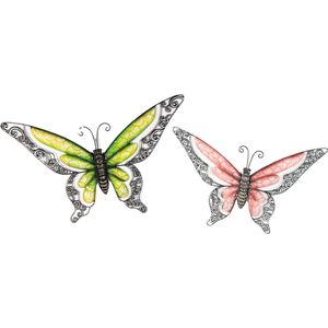 Anna Collection Wanddecoratie vlinders - 2x - groen/rood - 36 x 21 cm/49 x 28 - metaal - muurdecoratie/schutting