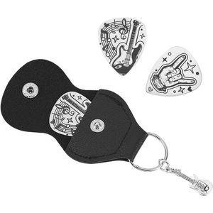Allecto Plus - Gitaarplectrum set (2 stuks) roestvrij staal sleutelhanger met PU lederen etui - Perfect cadeau voor gitaarspelers - Geschikt voor afgestudeerden & Valentijnsdag - Gepersonaliseerd muzikaal geschenk