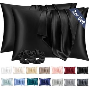 FURNIBELLA-Set van 2 Satijnen Kussenslopen 50x70 cm – Zwart, Zijdezacht & Vegan, Inclusief 2 Satijnen Haarelastiekjes