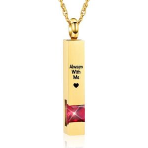 Luxe Ashanger | Met Ketting En Gravering | Always With Me | Assieraad | Goudkleurig Met Rode Steen | As Ketting | Gedenksieraad | Urn | Incl. As vuller