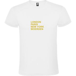 Wit T-shirt 'LONDON, PARIS, NEW YORK, WOERDEN' Goud Maat 4XL