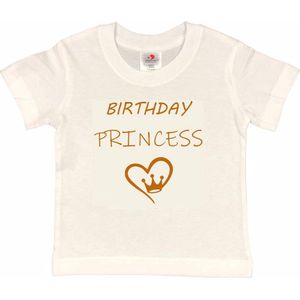 T-shirt Kinderen ""Birthday Princess"" | korte mouw | Wit/tan | maat 158/164 Verjaardag Meisjes Prinses