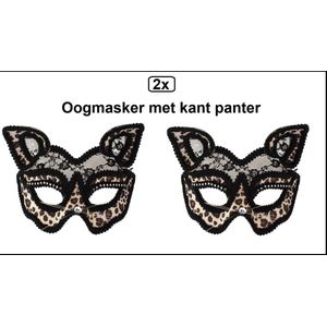 2x Luxe Oogmasker met kant panter - Festival thema party fun carnaval feest venetie