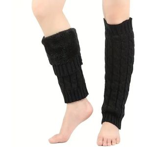 Daity 1 paar elegante, warme damessokken met pluchen details - comfortabel, verdikt gedraaid ontwerp, winterkoudebestendige laarzensokken (zwart)