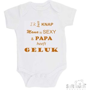 100% katoenen Romper ""Ik ben knap Mama is SEXY & Papa heeft GELUK"" Unisex Katoen Wit/tan Maat 62/68