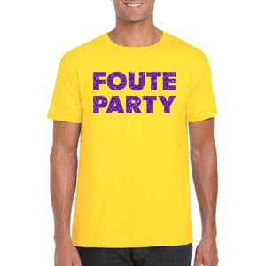 Geel Foute Party t-shirt met paarse glitters heren - Fout/themafeest/feest kleding S