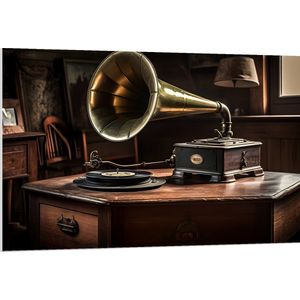 PVC Schuimplaat - Platenspeler - Hout - Goud - Muziek - Oud - 120x80 cm Foto op PVC Schuimplaat (Met Ophangsysteem)