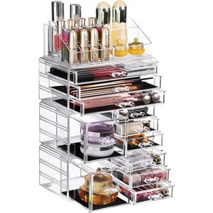 4 in 1 XXL Make-up Organizer, cosmetica organizer met 11 lades en 15 vakken in verschillende maten, anti-slip inzetstukken, voor make-up en sieraden, transparant JKA017TP