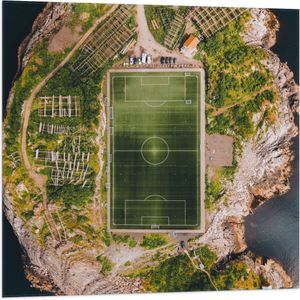 Vlag - Bovenaanzicht van het Henningsvaer Voetbal Stadion in Noorwegen - 80x80 cm Foto op Polyester Vlag