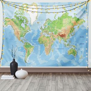 wereldkaarttapijt, topografisch onderwijs gemaakt van zachte microvezelstof, wasbaar zonder vervaging, digitale print, 150 x 110 cm, lichtblauw groen