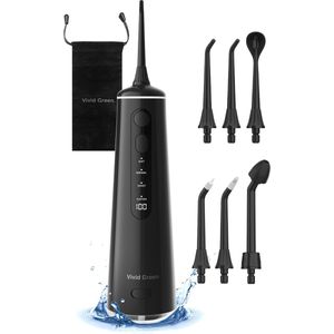 Waterflosser - Monddouche - 6 opzetstukken - 4 Standen - Elektrisch Flosapparaat - Waterdicht - Draadloos en Oplaadbaar - Zwart - Vivid Green