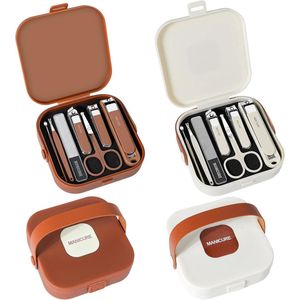 Twee 7-delige roestvrijstalen nagelverzorgingssets - Unisex nagelknipperset met luxe reiskoffer - Professionele pedicuretools - Crèmewit design (beige + bruin)