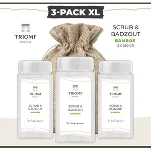 Deluxe Scrub & Badzout - 650 gram - Bamboe - 3-Pack | Triomf Original - Luxe Wellness - Scrubzout Body Peeling Hammam - Hydraterende Lichaamsscrub - Sea Salt Bodyscrub - Verzorgings Giftset van 3 - Zeezout - Huidverzorging - Douche - Sauna - Bad