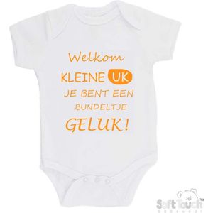 100% katoenen Romper ""Welkom kleine uk, je bent een bundeltje geluk"" Unisex Katoen Wit/mosterd Maat 56/62