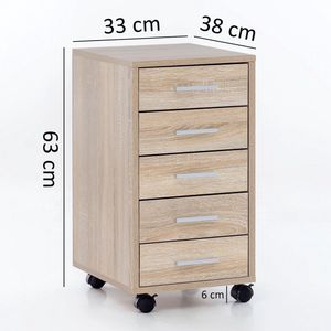 Rootz Rolcontainer - Sonoma - Houten Ladekast voor Bureau - Kantoorkast met 5 Laden - Kleine Standcontainer met Rollen - 33 x 63 x 38 cm