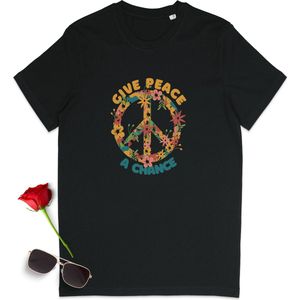 Peace t Shirt - Give Peace a Change Shirt - T shirt Heren - T shirt Dames - Shirt met print opdruk voor mannen en vrouwen - Maten: S M XL XXL XXXL - tShirt kleuren: Wit, Zwart.