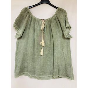 Boho top van linnen met raglan mouwen - ronde hals met strikje - loze zomer top - kleur MILITAIR GROEN - maat 40/42