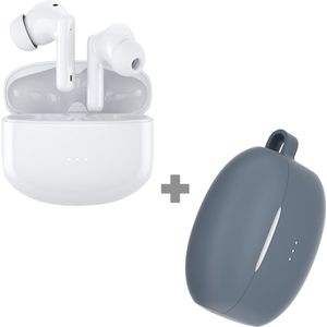 Cazy Draadloze Bluetooth Oordopjes - Oortjes Draadloos - met Noise Cancelling (Wit) + Siliconen Hoesje (Blauw)