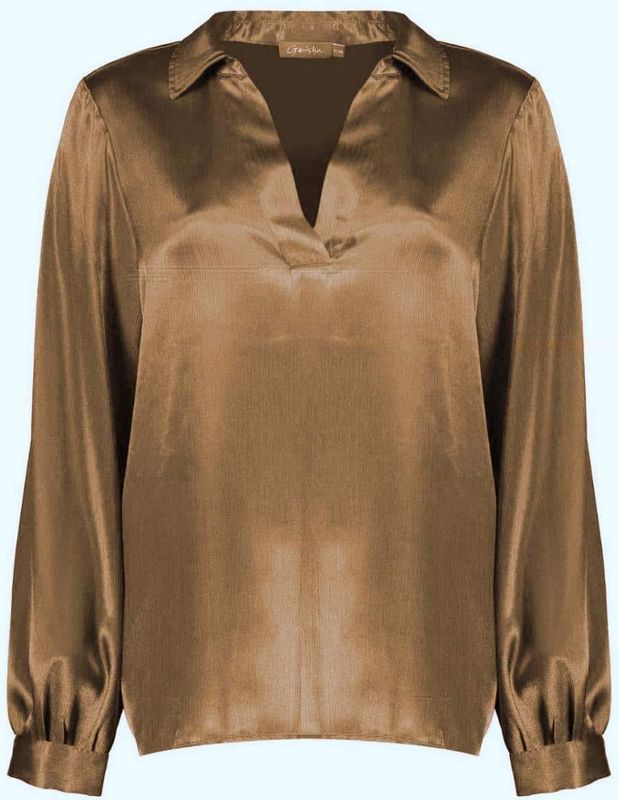 Geisha - 53860-14 - Dames Shirt - Brown - Lange Mouwen - V-hals