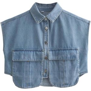 Dames Geweven Korte Mouwen Overhemd - Zomer Kraag Mouwloos Denim Top met Zakjes