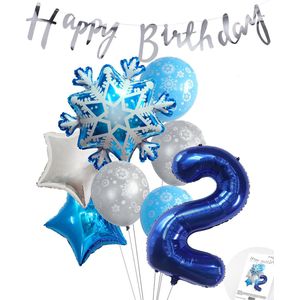 Cijferballon 2 Blauw - Frozen - Ijssterren - Ballonnen Pluspakket - Slinger Feestvieren - Verjaardag Snoes