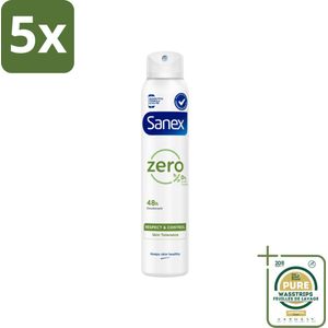 5 x Sanex - Deodorant Spray - Zero% Normal Skin - Zonder Toevoegingen - 200 ml - Grootverpakking - Sanex Zero% Deodorant Spray - Deodorant Spray Normale Huid - Frisheid Zonder Toevoegingen - Aluin Deodorant - Dermatologisch Getest