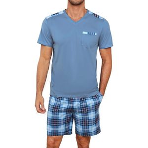 Korte herenpyjama van katoen, zomer, korte mouwen, met zakken, geruite broek, zacht en comfortabel