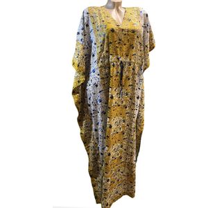 Dames kaftan met olifanten afbeelding one size 36-50 wit/blauw/okergeel