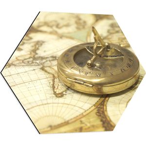 Dibond Hexagon - Gouden Kompas op Wereldkaart - 60x52.2 cm Foto op Hexagon (Met Ophangsysteem)