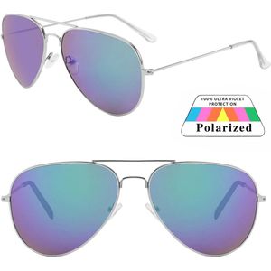 Fako Sunglasses® - Pilotenbril - Polariserend - Polarized - Piloot Zonnebril - Heren Zonnebril - Dames Zonnebril - Zilver - Blauw/Groen