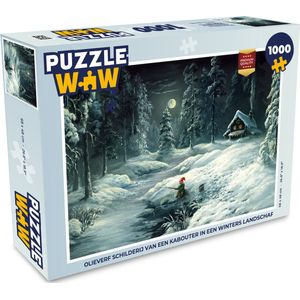 Puzzel Olieverf schilderij van een kabouter in een winters landschap - Legpuzzel - Puzzel 1000 stukjes volwassenen