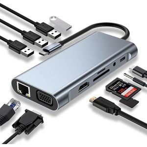 11-in-1 USB C Hub Docking Station - 4K HDMI, VGA, USB 3.0, Type C PD, Gigabit Ethernet RJ45, SD/TF, 3.5mm AUX - Compatibel met MacBook Pro/Air en Meer Type C Apparaten