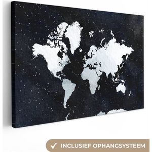 Canvas Wereldkaart - 90x60 - Wanddecoratie Wereldkaart - Waterverf - Sterrenhemel