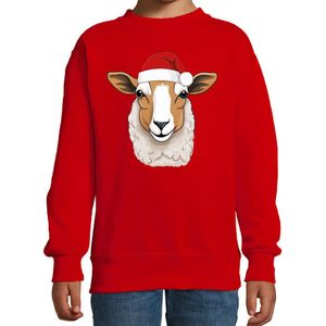 Bellatio Decorations Kersttrui / sweater boerderijdieren - kinderen - Schaap - rood - kerstmuts - Kerstmis 98/104