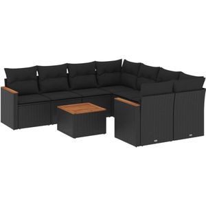 The Living Store 9-delige Loungeset met kussens poly rattan zwart - Loungeset - Lounge Set - Tuinmeubels - Buitendecoratie - Outdoor Furniture