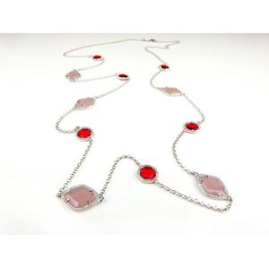 Zilveren halsketting halssnoer collier Model Pret a Porter met roze en rode stenen