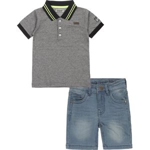 DJ Dutchjeans - Kledingset(2delig) - Blue Jeans Korte broek - Polo Shirt Grijs Zwart Lime - Maat 152