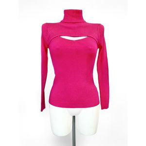 Cut out knitted top - Fuchsia/roze - Trui met stretch voor dames - Top met col - Trui voor vrouwen - Een geheel - Veel stretch - One-size - Een maat