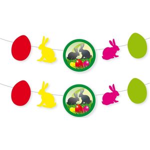 Pasen thema versiering - 2x - papier - 120 x 28 cm - mix gekleurd - slinger - paashazen